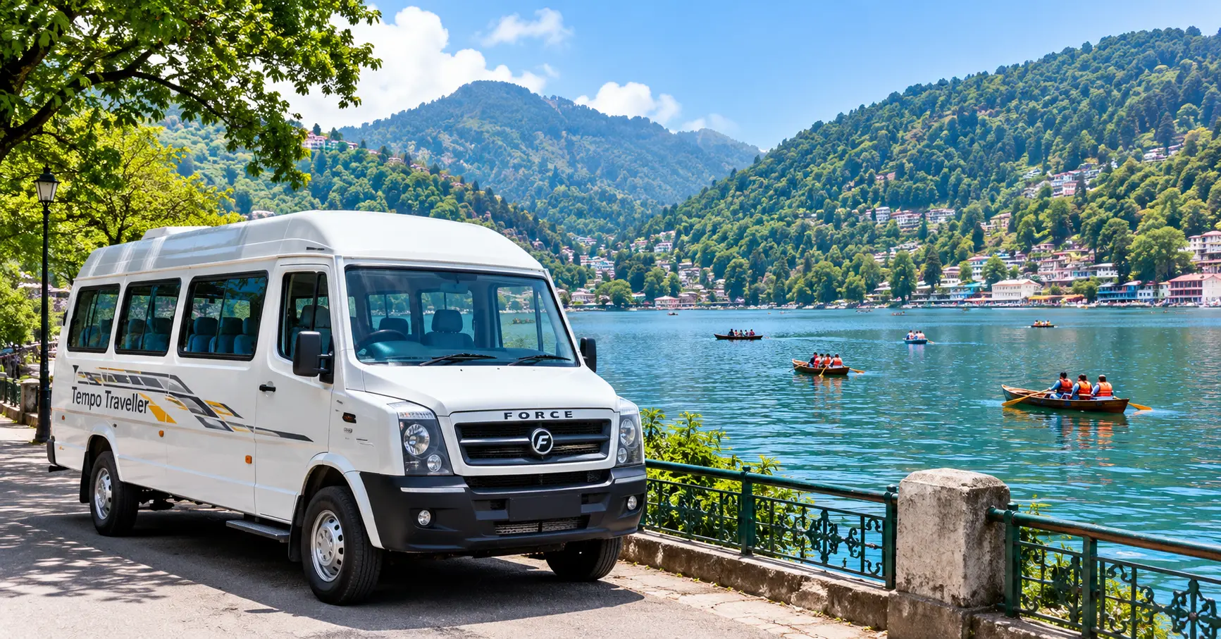 12 seater tempo traveller Delhi to Nainital beside Naini Lake with boats